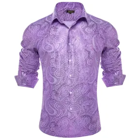 DiBanGu Orchid Purple Paisley Hot Stamping Button Up Long Sleeve Shirt for Men