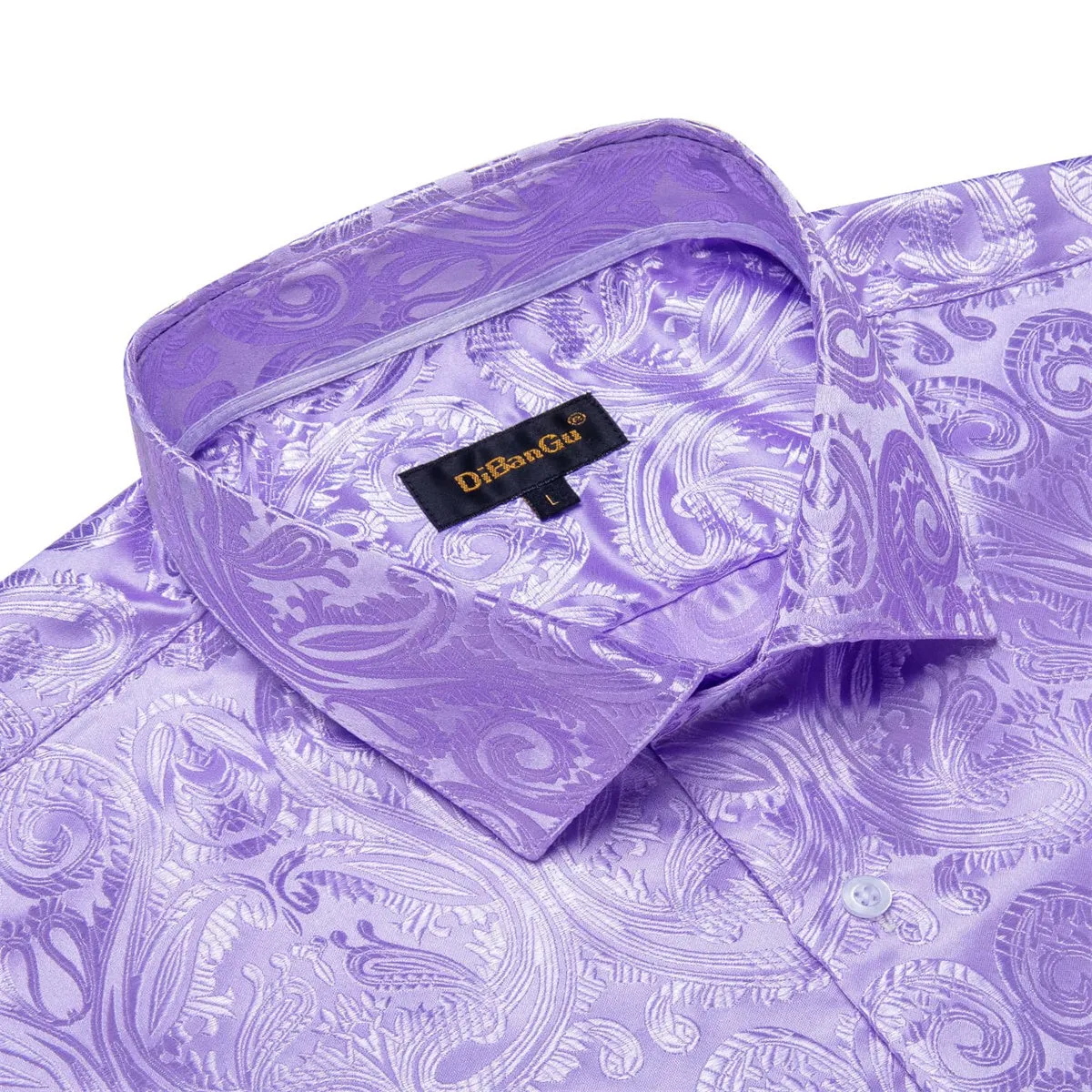 DiBanGu Shirt for Men Bright Lavender Purple Paisley Silk Button Up Long Sleeve Shirt