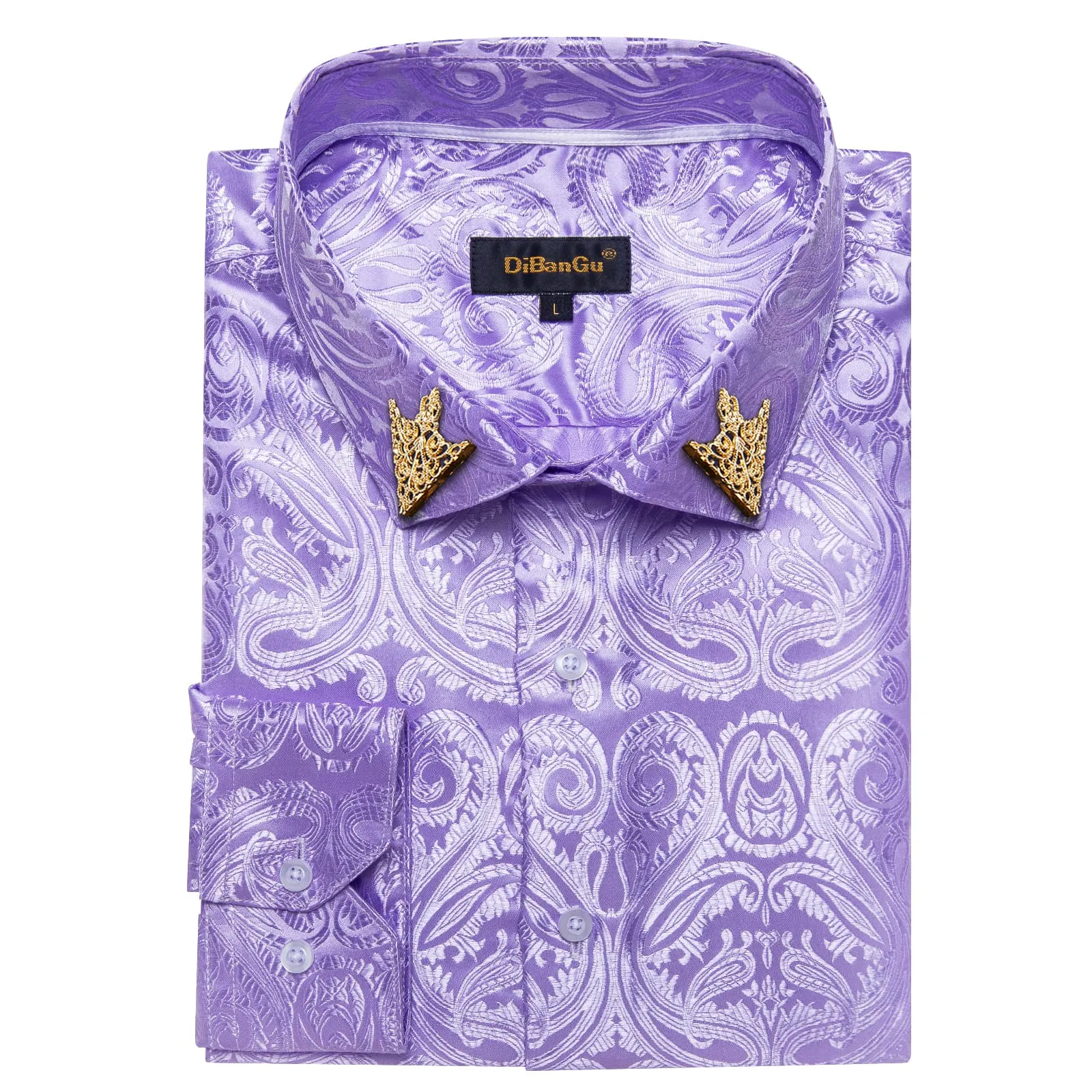 DiBanGu Shirt for Men Bright Lavender Purple Paisley Silk Button Up Long Sleeve Shirt