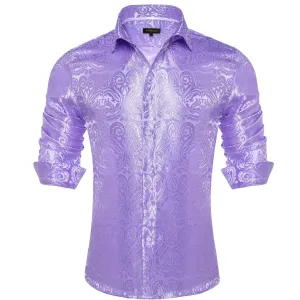 DiBanGu Shirt for Men Bright Lavender Purple Paisley Silk Button Up Long Sleeve Shirt