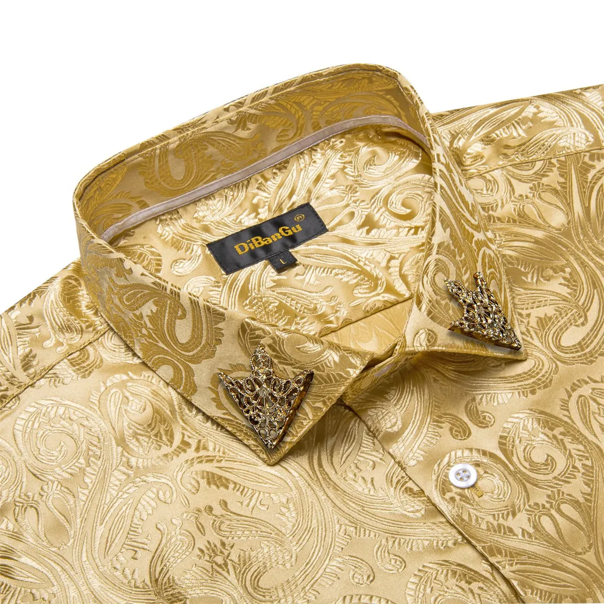 DiBanGu Shirt for Men Light Yellow Paisley Long Sleeve Silk Button Up Shirt