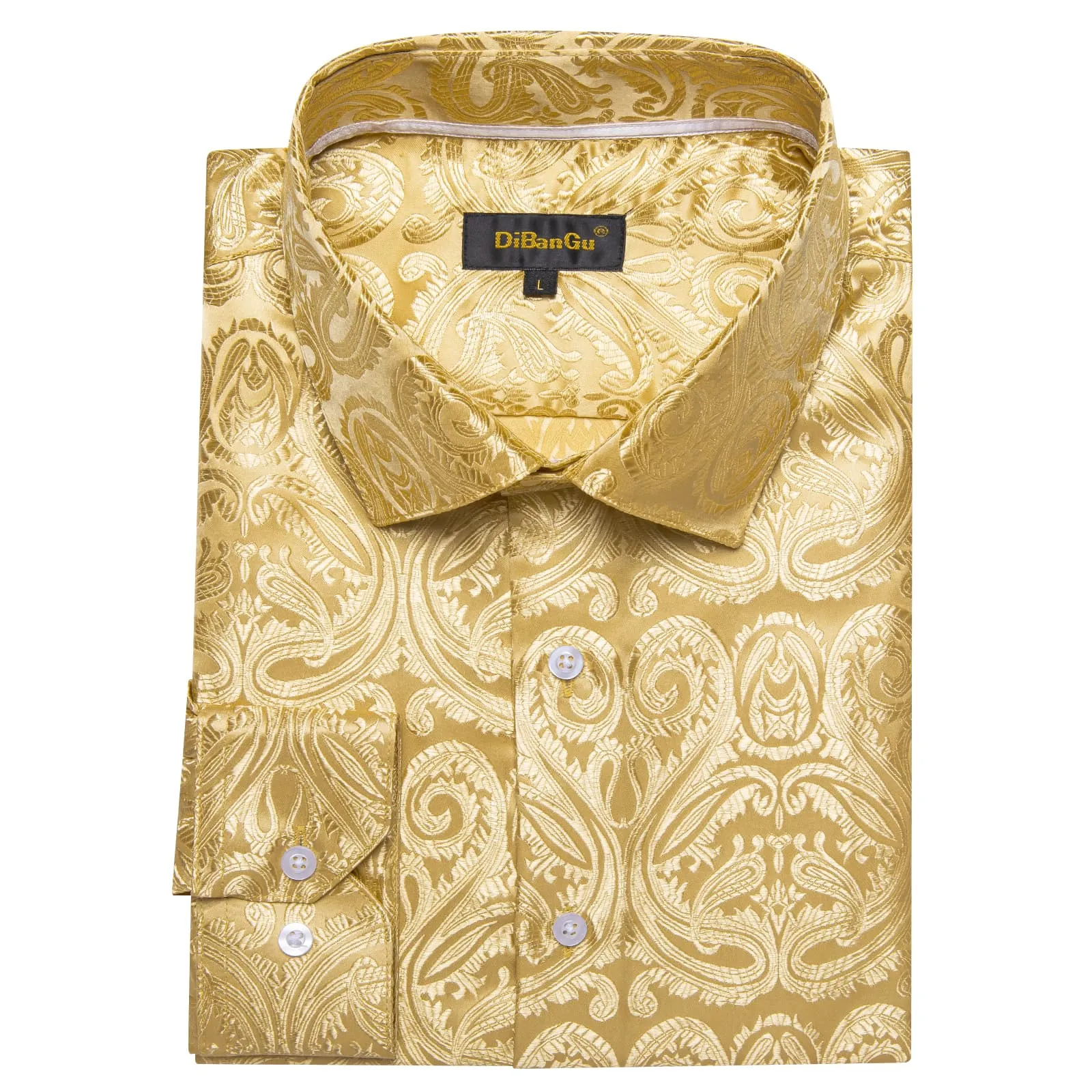 DiBanGu Shirt for Men Light Yellow Paisley Long Sleeve Silk Button Up Shirt