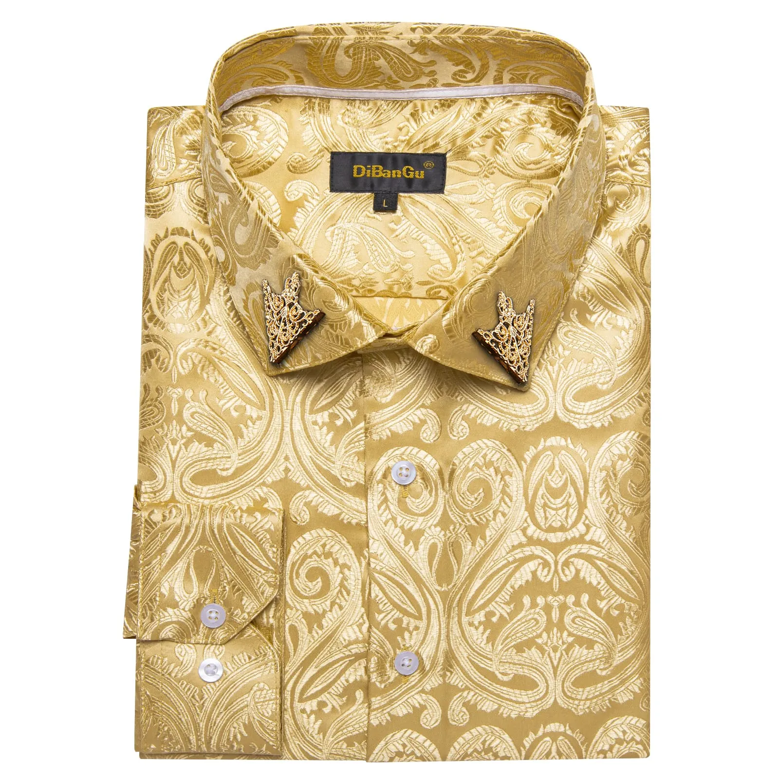 DiBanGu Shirt for Men Light Yellow Paisley Long Sleeve Silk Button Up Shirt