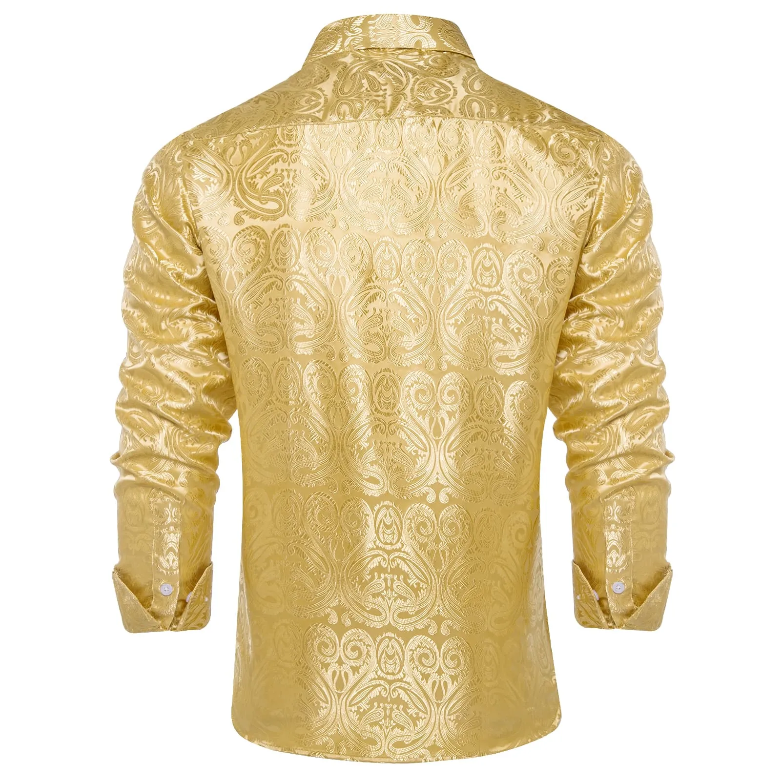 DiBanGu Shirt for Men Light Yellow Paisley Long Sleeve Silk Button Up Shirt