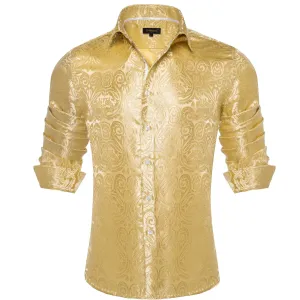 DiBanGu Shirt for Men Light Yellow Paisley Long Sleeve Silk Button Up Shirt