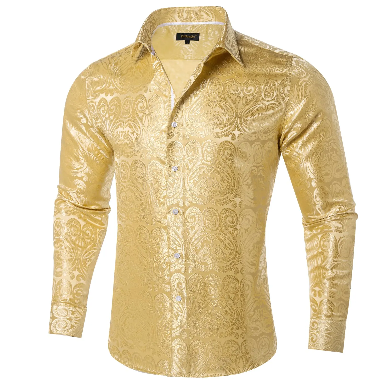 DiBanGu Shirt for Men Light Yellow Paisley Long Sleeve Silk Button Up Shirt