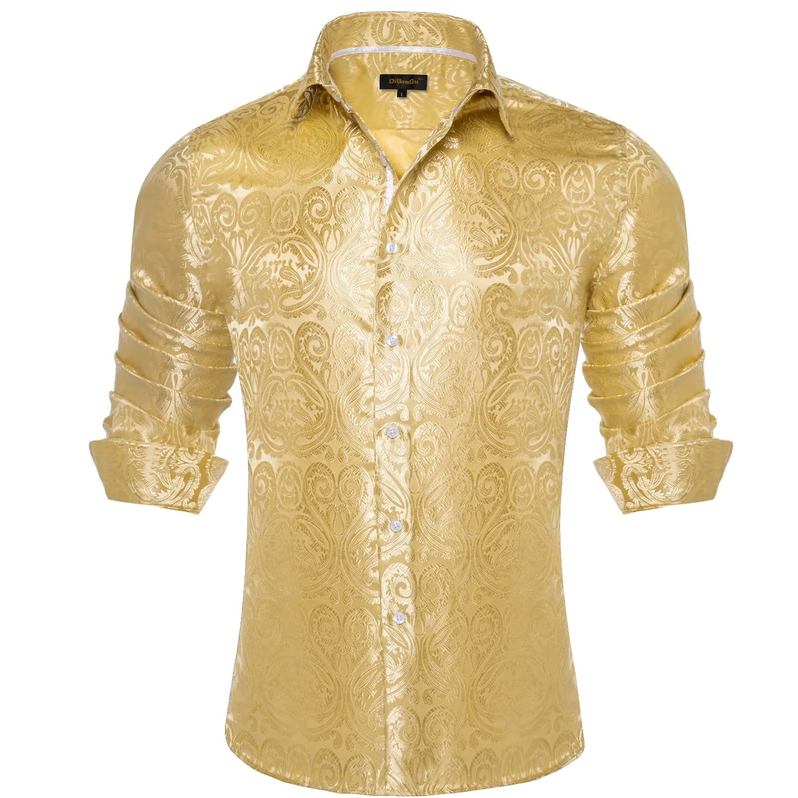 DiBanGu Shirt for Men Light Yellow Paisley Long Sleeve Silk Button Up Shirt