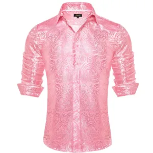 DiBanGu Shirt for Men Rose Pink Paisley Long Sleeve Silk Button Up Shirt