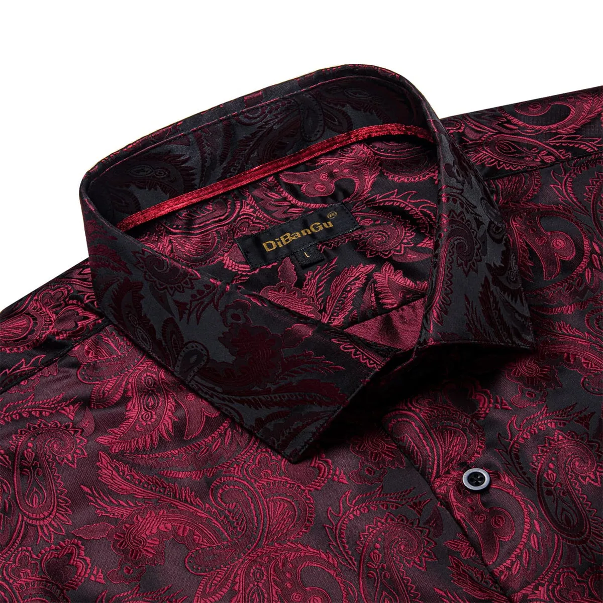 DiBanGu Tuxedo Shirt Maroon Red Paisley Silk Button Down Men's Long Sleeve Dress Shirt