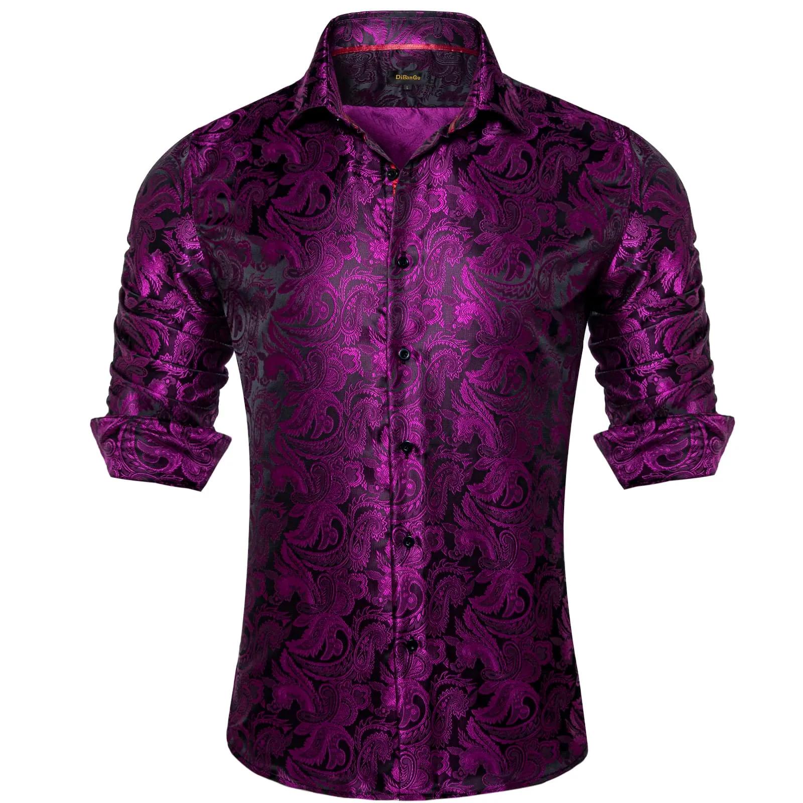 DiBanGu Tuxedo Shirt Maroon Red Paisley Silk Button Down Men's Long Sleeve Dress Shirt