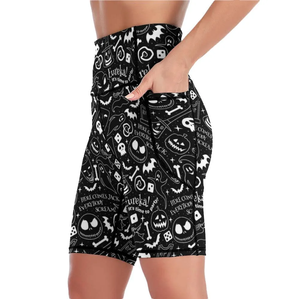 Disney Nightmare Before Christmas Everybody Scream Women's Knee Length Athletic Yoga Shorts With Pockets