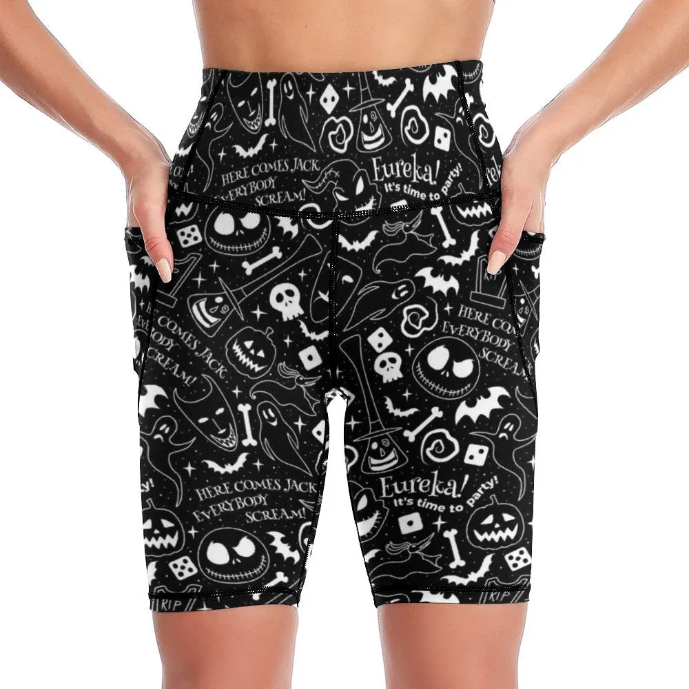 Disney Nightmare Before Christmas Everybody Scream Women's Knee Length Athletic Yoga Shorts With Pockets