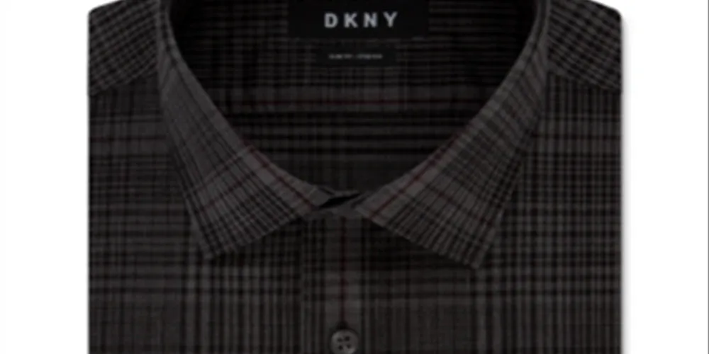 DKNY Men's Slim Fit Performance Stretch Jaspe Plaid Dress Shirt Black Size 16x36-37