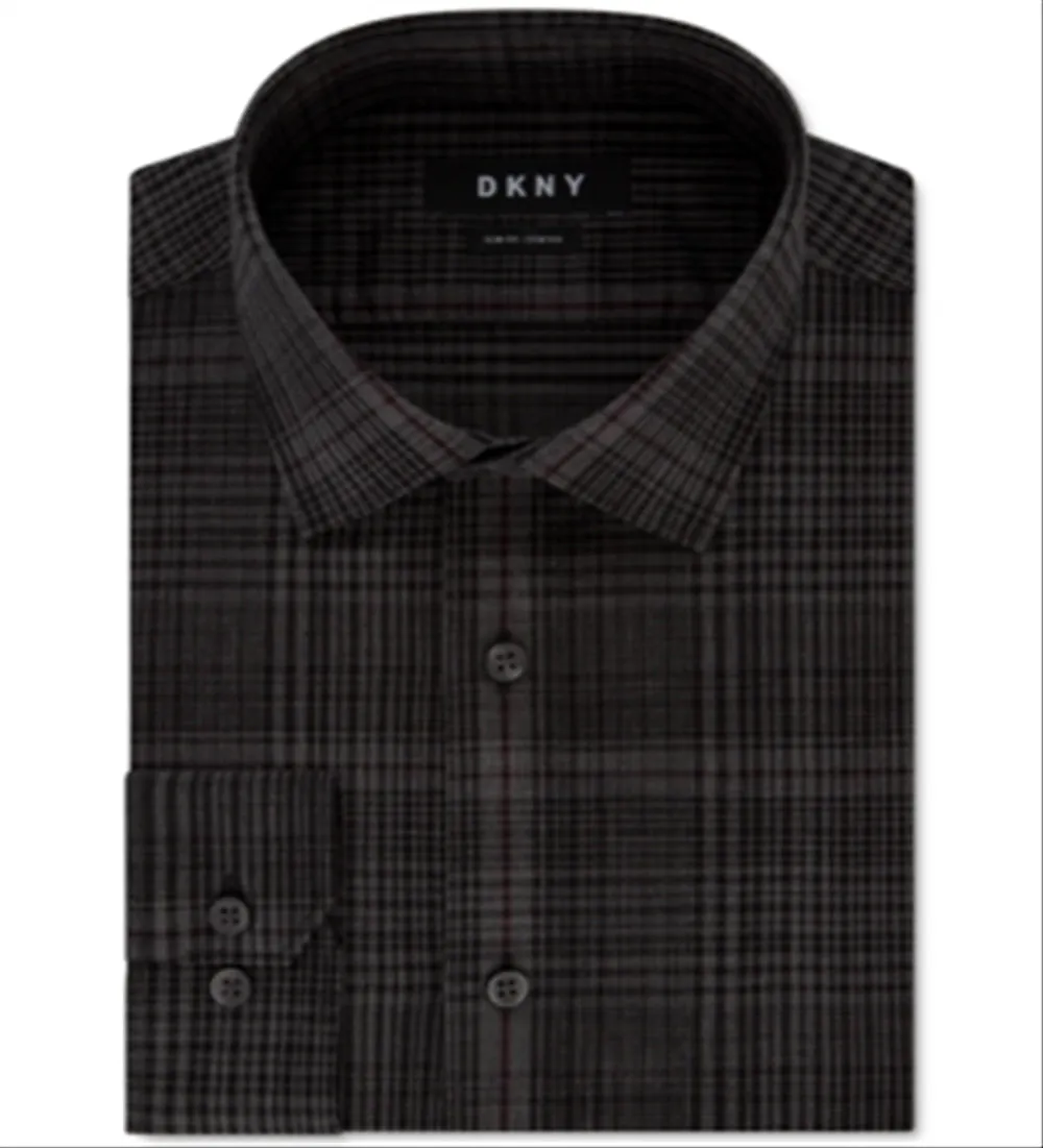 DKNY Men's Slim Fit Performance Stretch Jaspe Plaid Dress Shirt Black Size 16x36-37