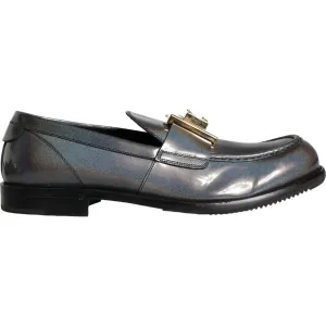 Dolce & Gabbana Silver Leather Logo Plaque Slip On Men Loafers Shoes