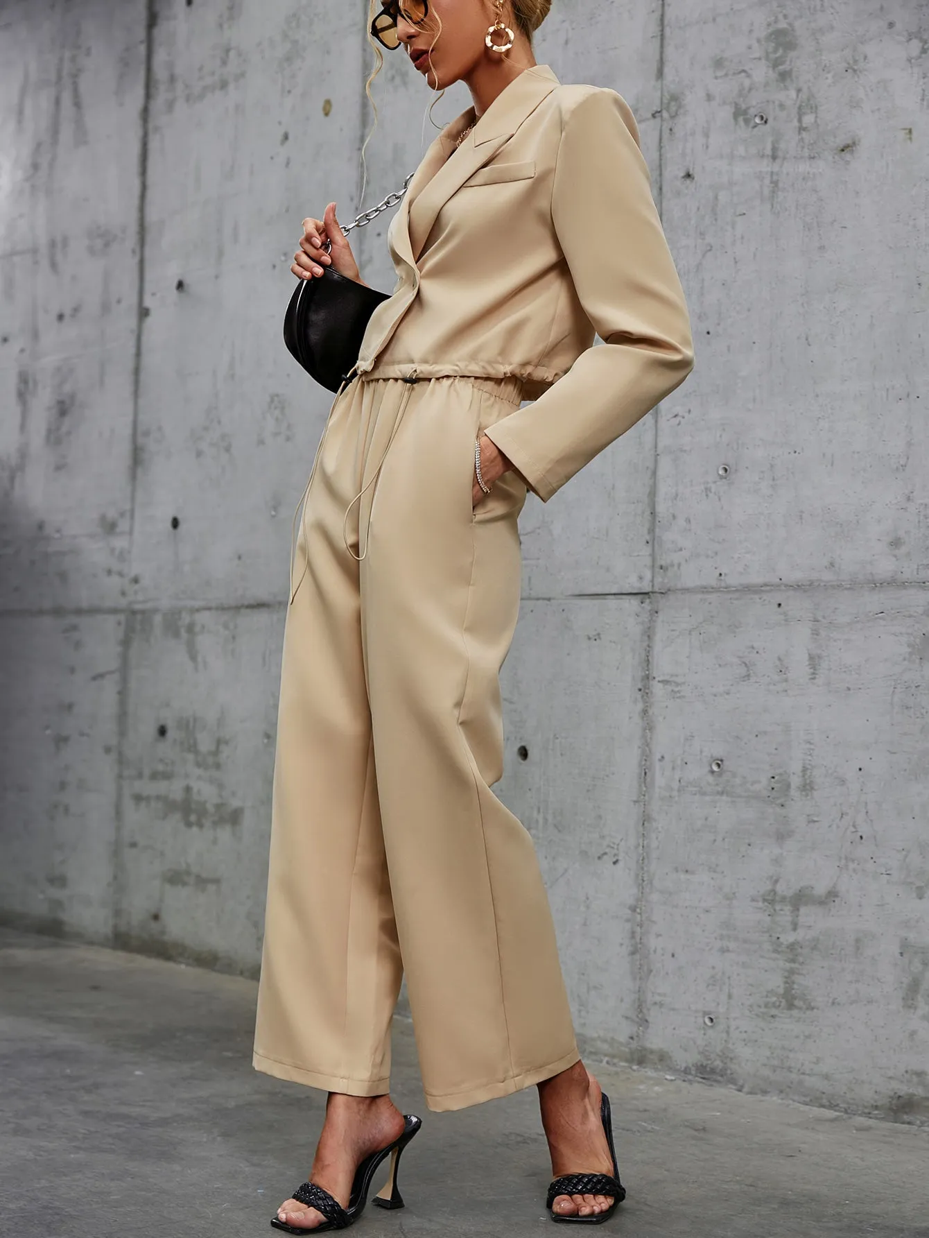 Drawstring Cropped Blazer and Wide Leg Pants Set