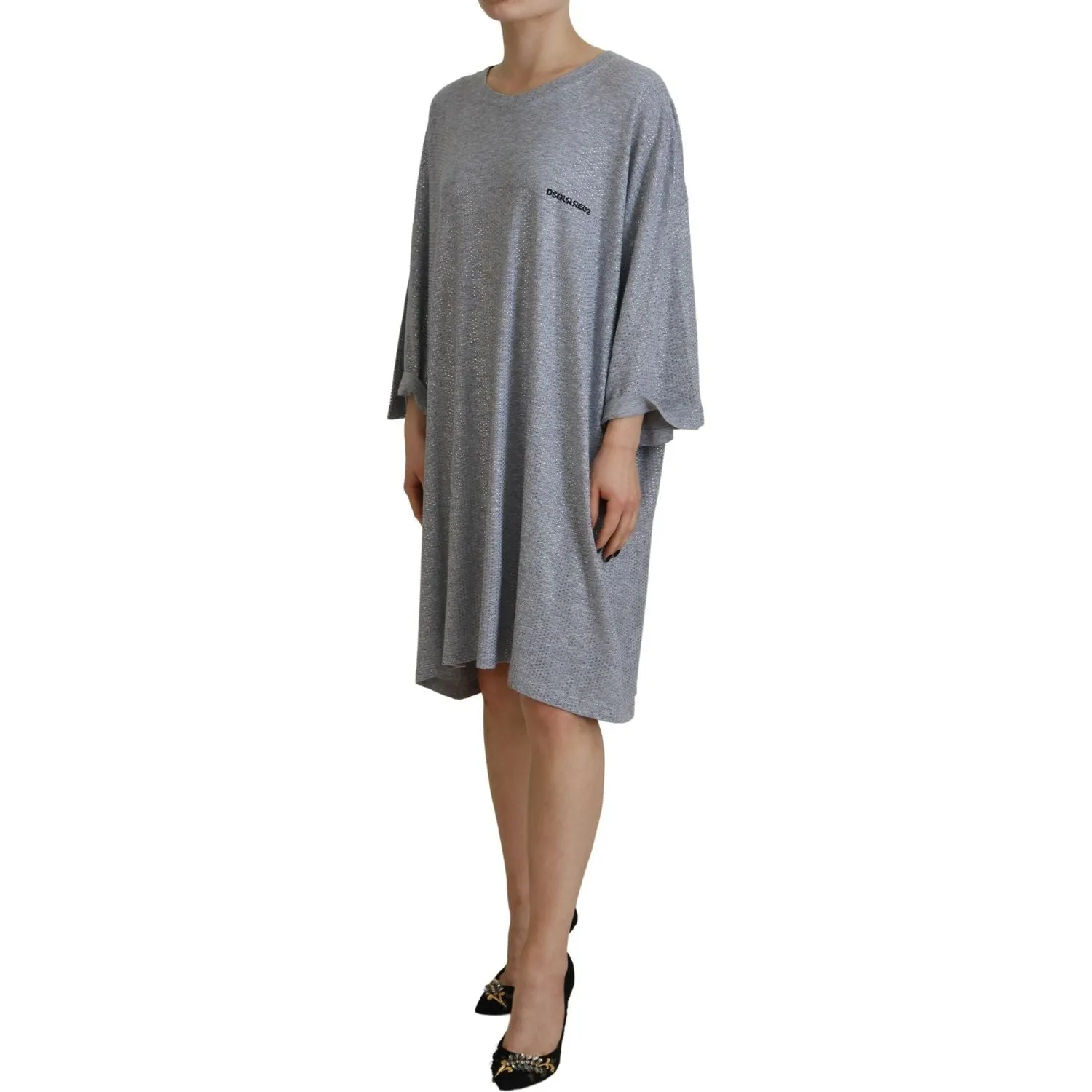 Dsquared² Gray Crystal Embellished Cotton Long Sleeves Dress