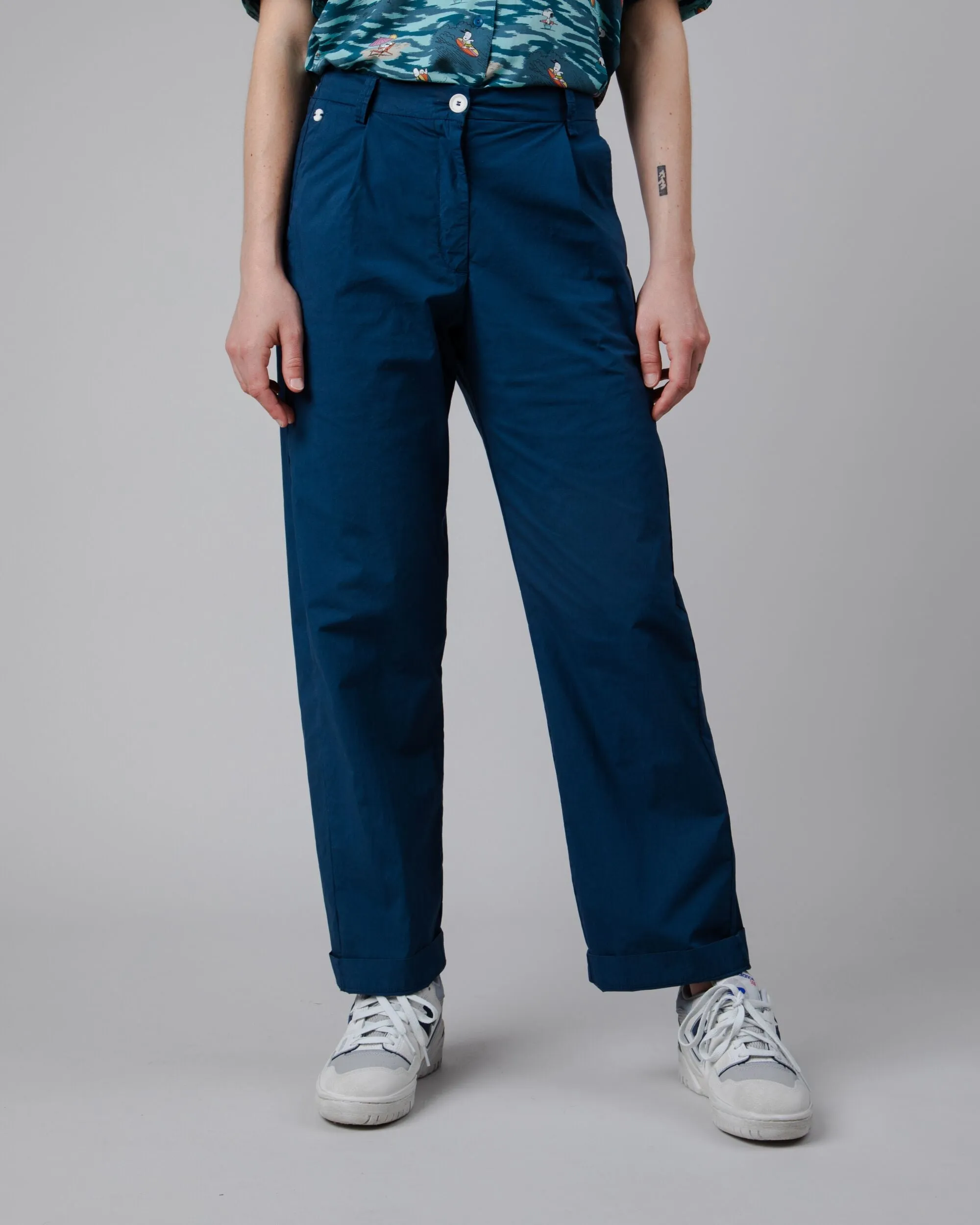 Elastic Pleated Chino Cotton Pants Navy