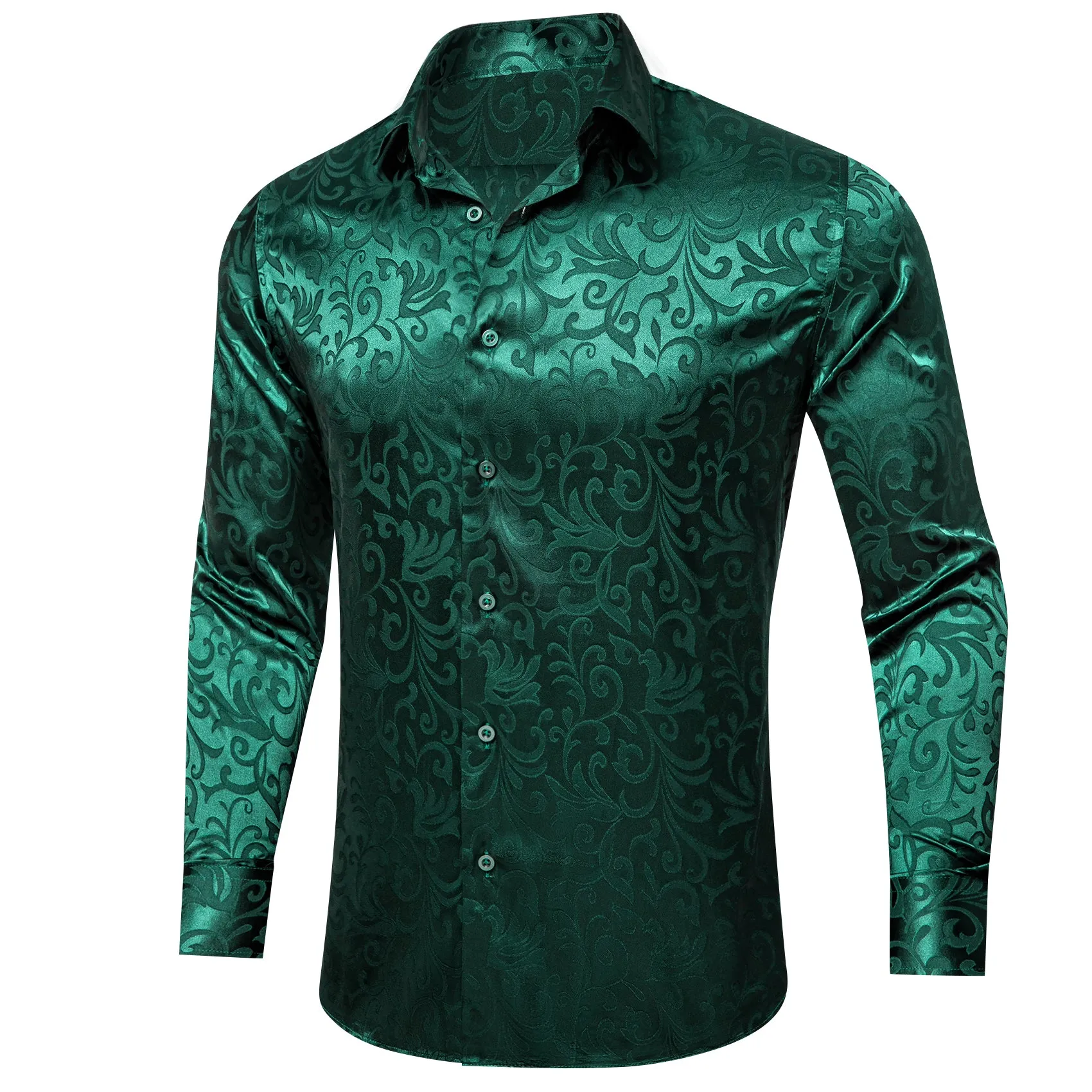 Emerald Green Floral Leaf Silk Men's Long Sleeve Shirt