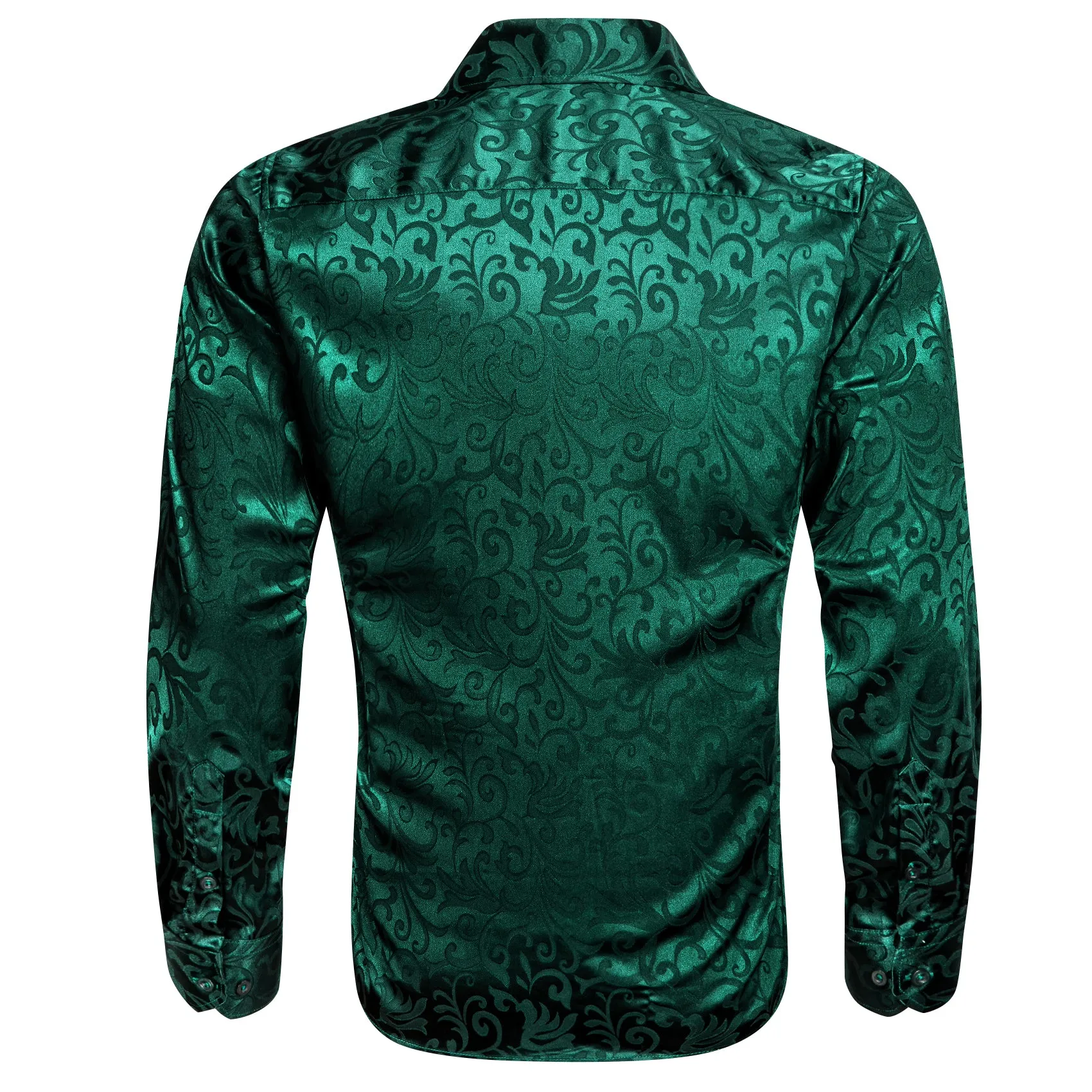 Emerald Green Floral Leaf Silk Men's Long Sleeve Shirt