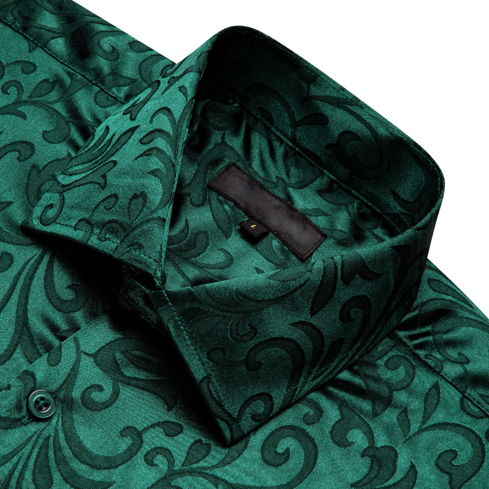 Emerald Green Floral Leaf Silk Men's Long Sleeve Shirt