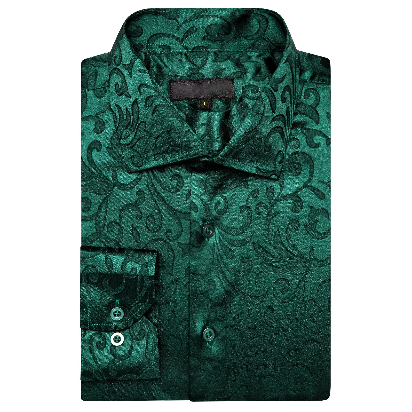 Emerald Green Floral Leaf Silk Men's Long Sleeve Shirt