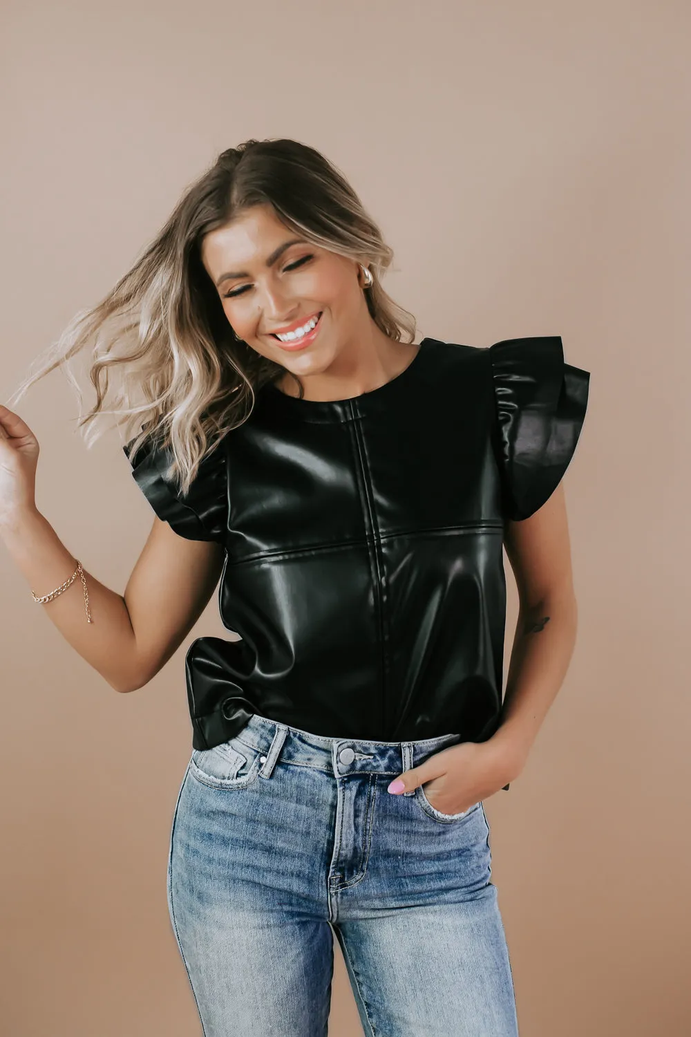 Faux Leather Ruffle Sleeve Top, Black