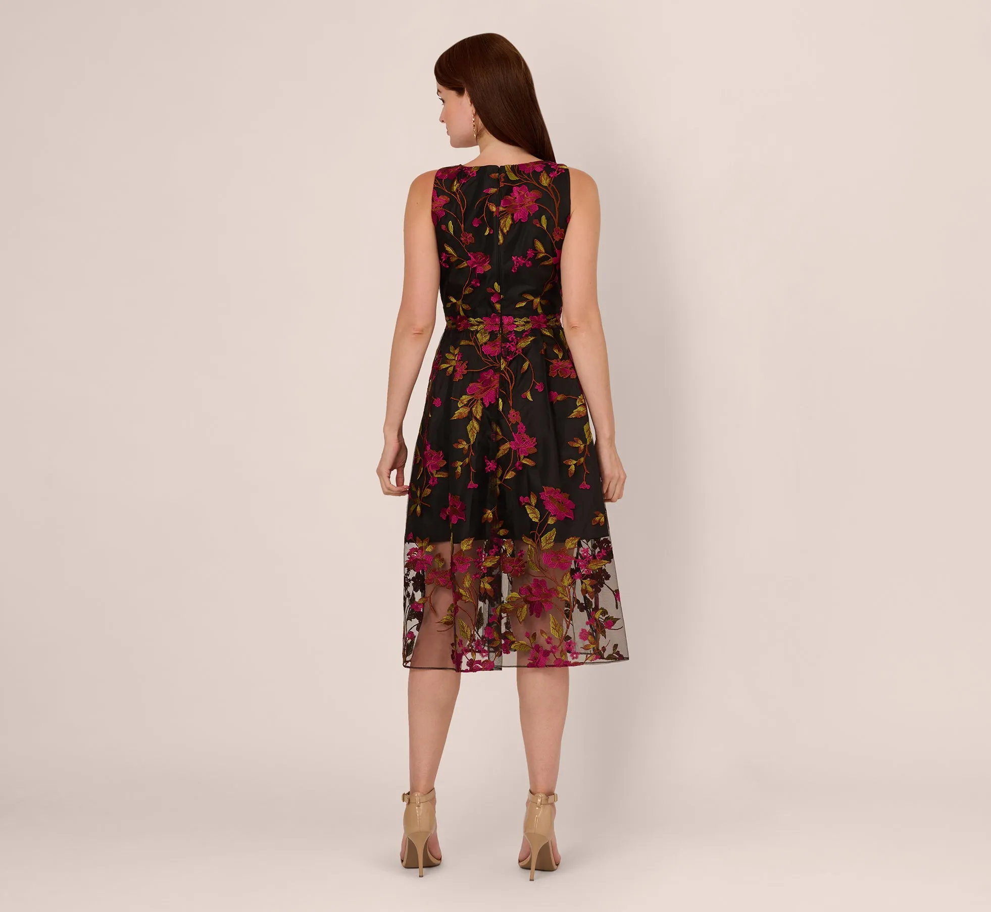 Floral Embroidered Midi Dress With Sheer Hem In Pink Black