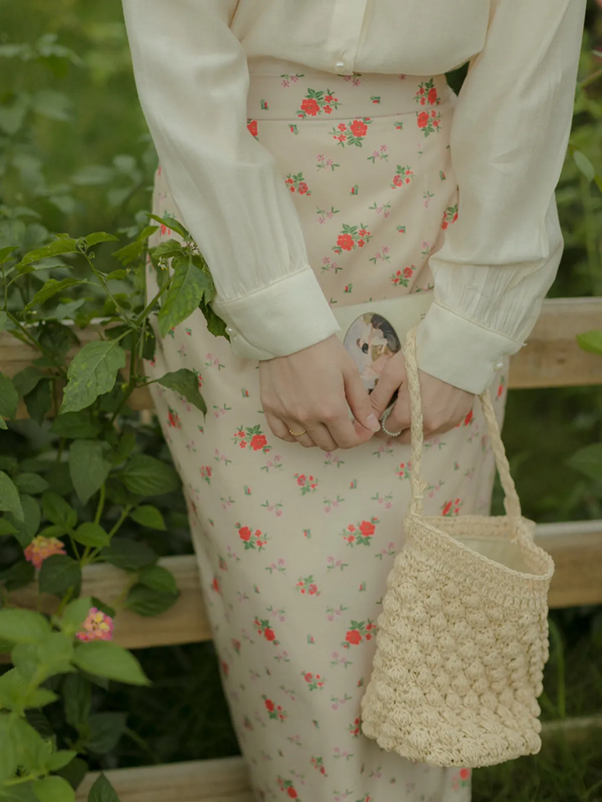 Flower Print Chiffon Pencil Midi Skirt - Beige