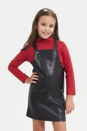 Girls Black Pu Dungaree Set (2 Piece)