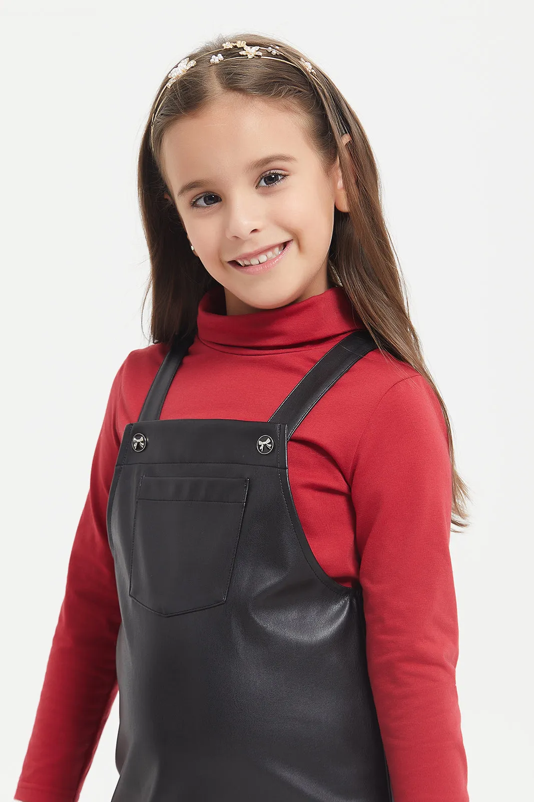 Girls Black Pu Dungaree Set (2 Piece)