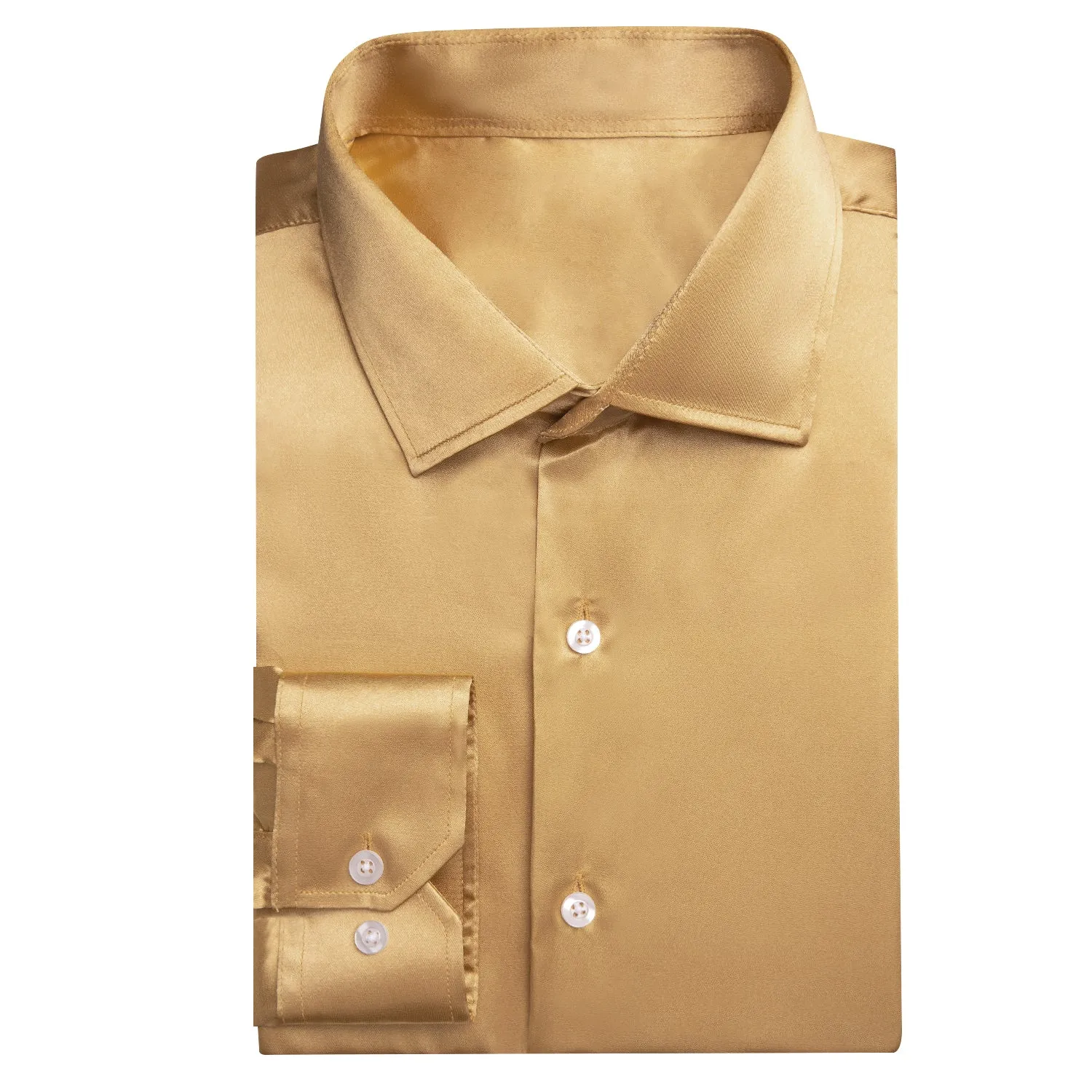 Gold Solid Satin Silk Men's Long Sleeve Business Shirt