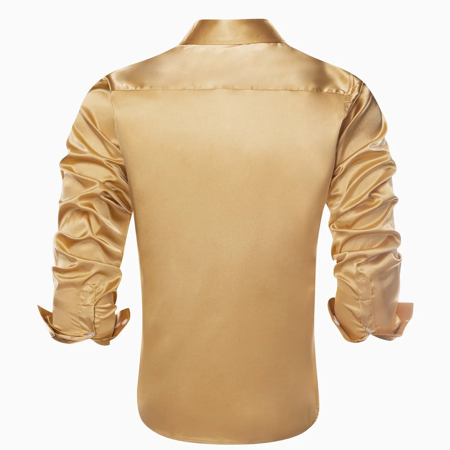 Gold Solid Satin Silk Men's Long Sleeve Business Shirt