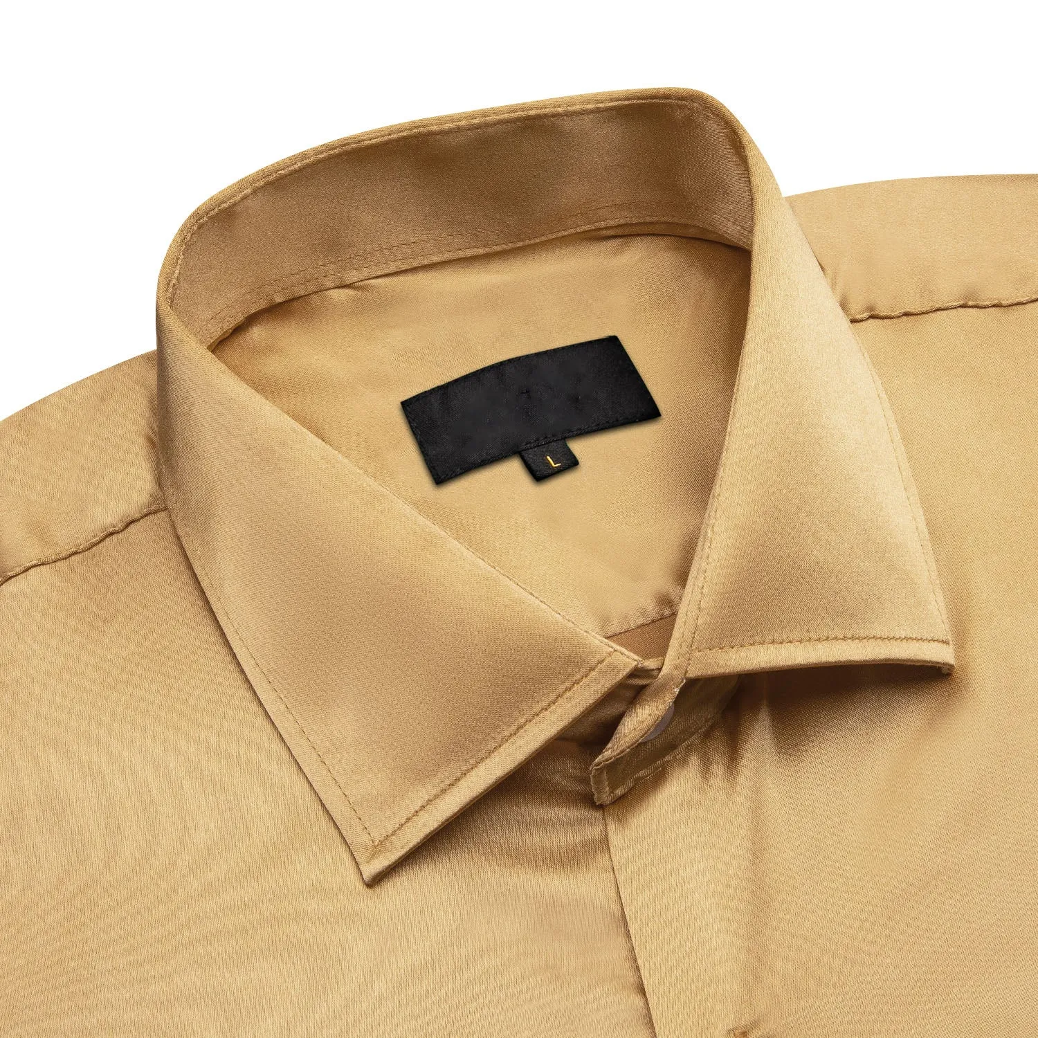 Gold Solid Satin Silk Men's Long Sleeve Business Shirt