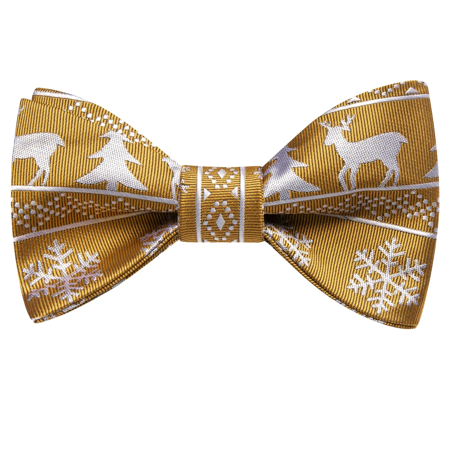 Gold White Christmas Deer Self-tied Bow Tie Hanky Cufflinks Set