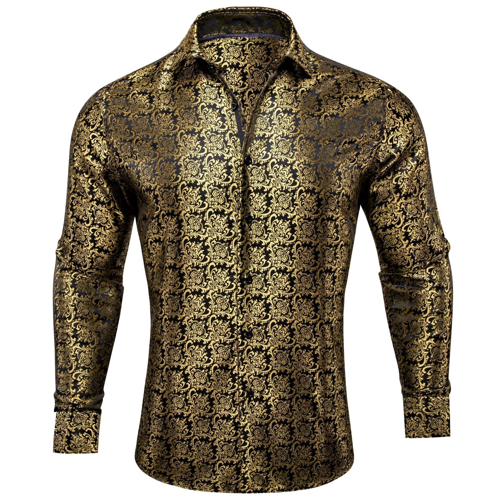 Golden Black Novelty Silk Men's Long Sleeve Shirt