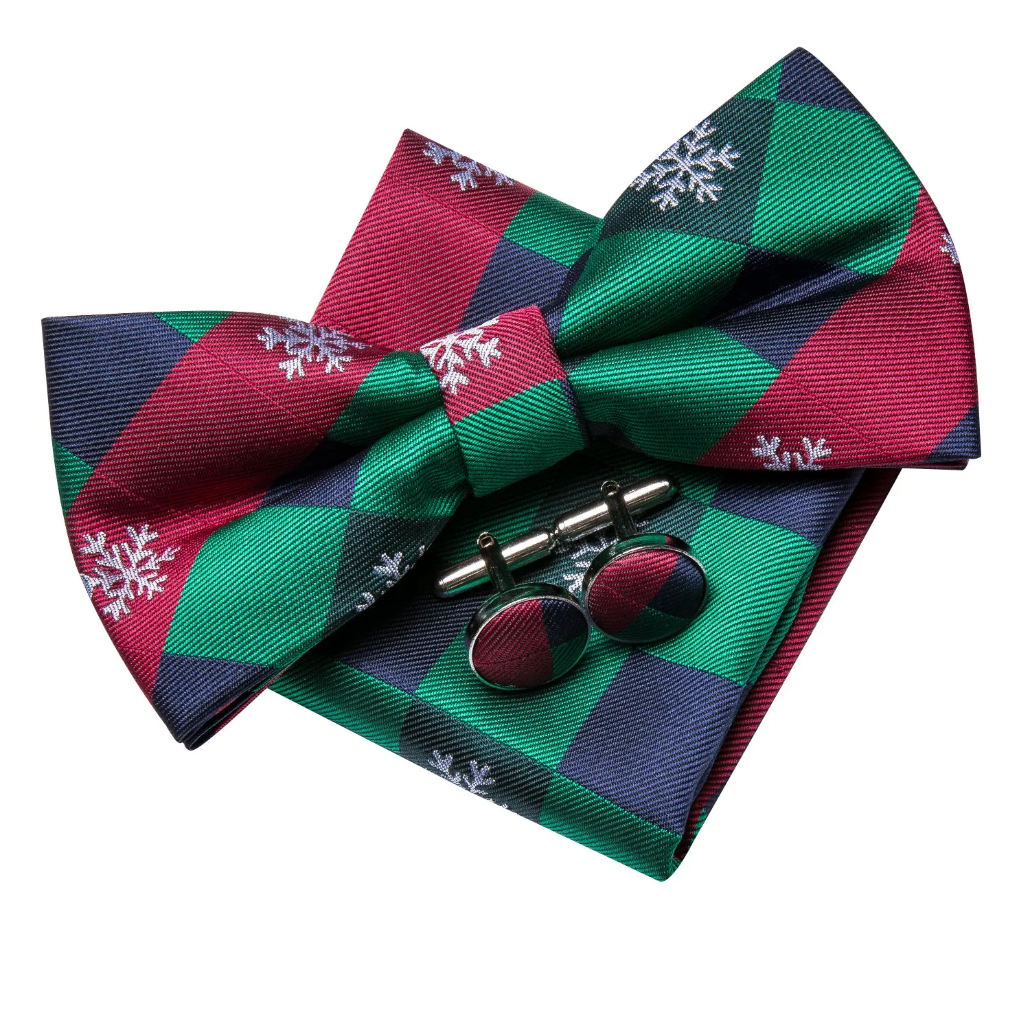 Green and Red Snow Christmas Pre-tied Bow Tie Hanky Cufflinks Set