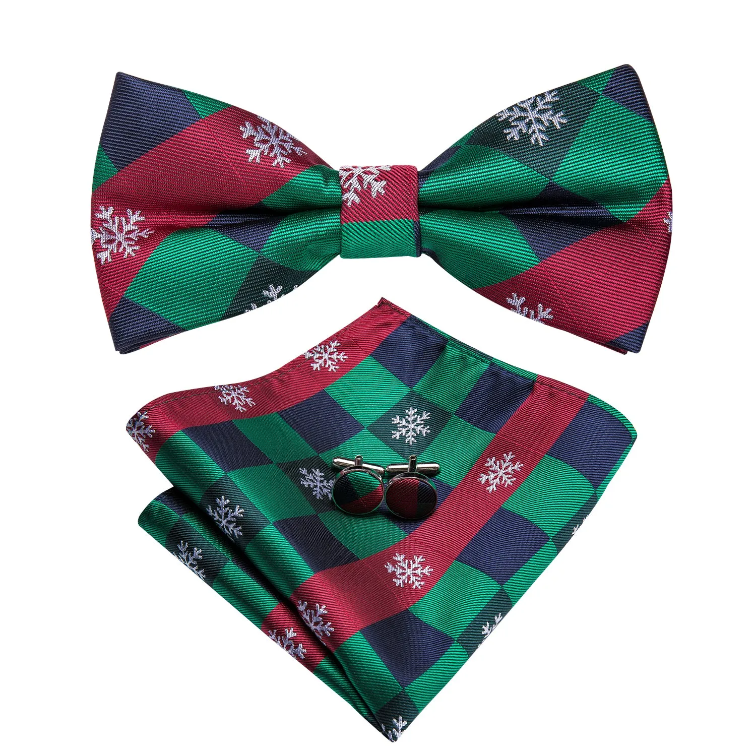 Green and Red Snow Christmas Pre-tied Bow Tie Hanky Cufflinks Set