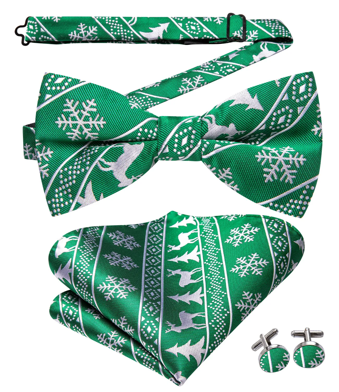 Green Christmas Deer Pre-tied Bow Tie Hanky Cufflinks Set