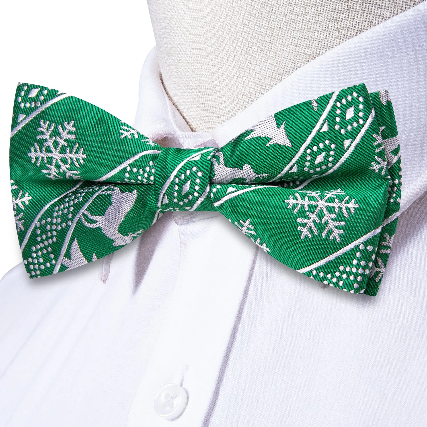 Green Christmas Deer Pre-tied Bow Tie Hanky Cufflinks Set