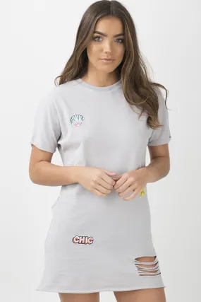 Grey Distressed Badge Detail T Shirt Dress - Kalani