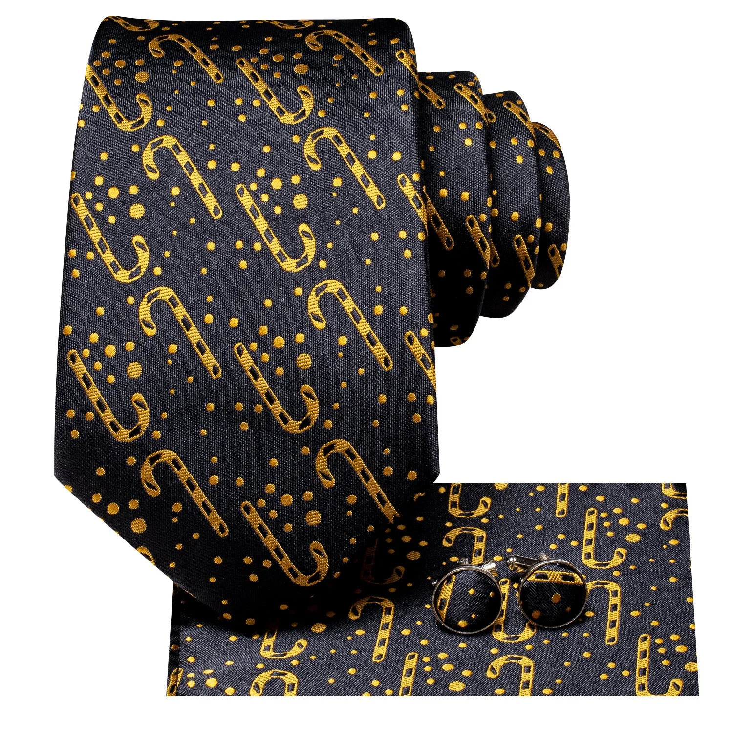 Hi-Tie Black Golden Christmas Cane Necktie Pocket Square Cufflinks Set