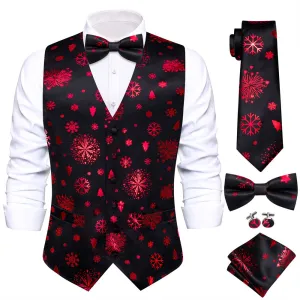 Hi-Tie Black Red Christmas Tree Elements Vest Necktie Bowtie Set