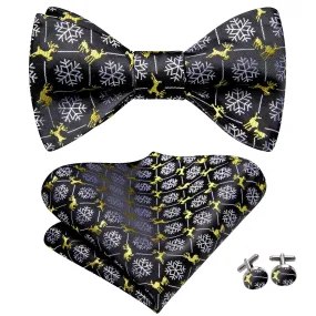 Hi-Tie Black White Christmas Snowflakes Mens Self-tied Bow Tie Set