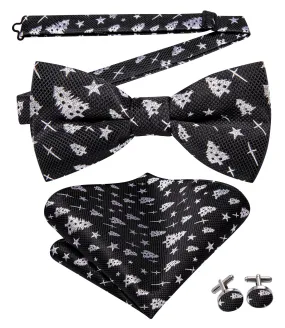 Hi-Tie Black White Christmas Tree Novelty Bow Tie Hanky Cufflinks Set