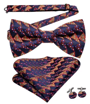 Hi-Tie Blue Red Christmas Tree Pre-tied Bow Tie Hanky Cufflinks Set