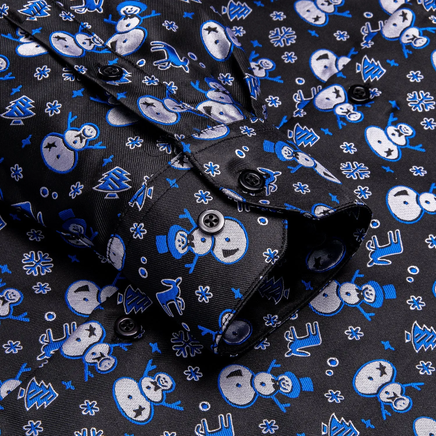 Hi-Tie Blue Shirt Black Blue Snowman Men Long Sleeve Shirt Christmas