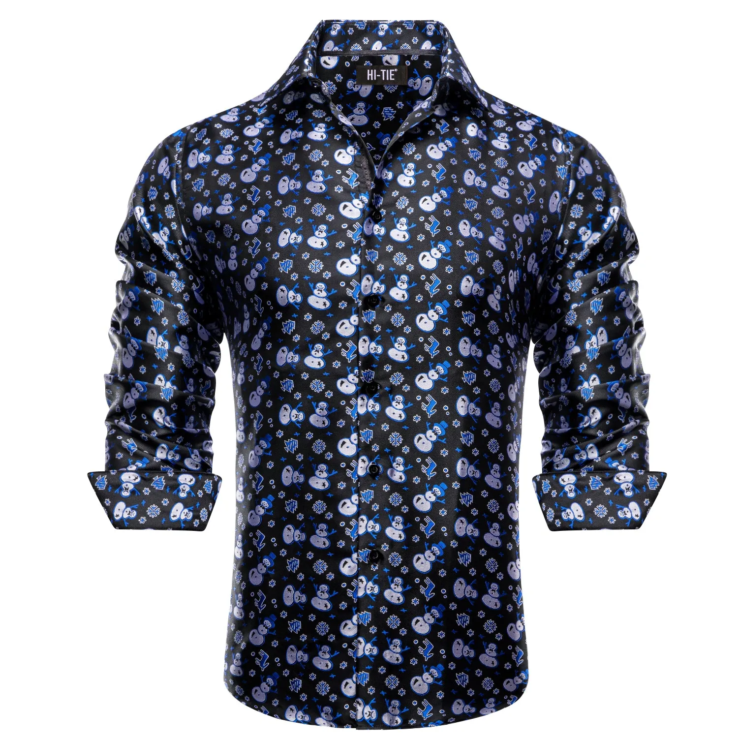 Hi-Tie Blue Shirt Black Blue Snowman Men Long Sleeve Shirt Christmas