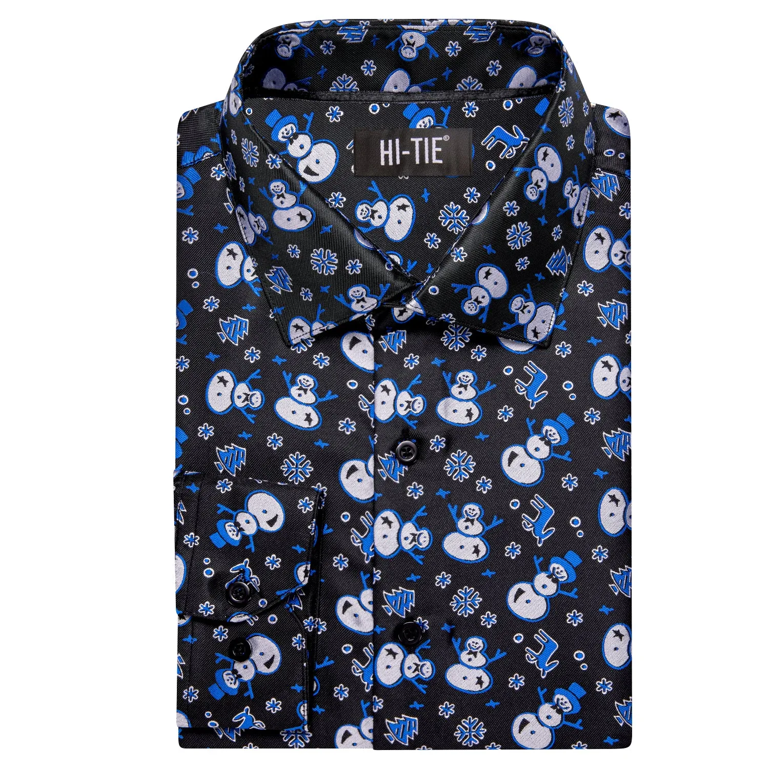 Hi-Tie Blue Shirt Black Blue Snowman Men Long Sleeve Shirt Christmas