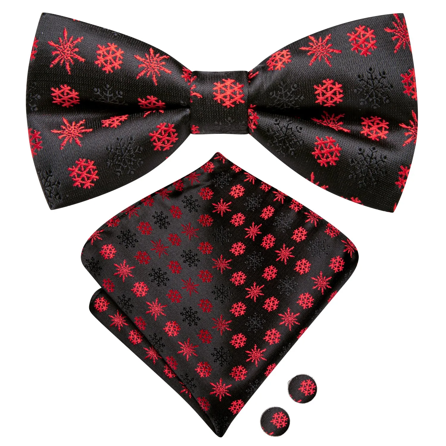 Hi-Tie Christmas Black Red Snowflake Pre-tied Bow Tie Hanky Cufflinks Set